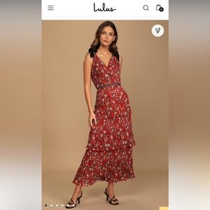 Such Sophistication Rust Red Floral Print Pleated Maxi Dress, medium size